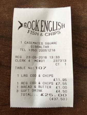 Restaurant receipt from Rock English Fish & Chips, Gibraltar