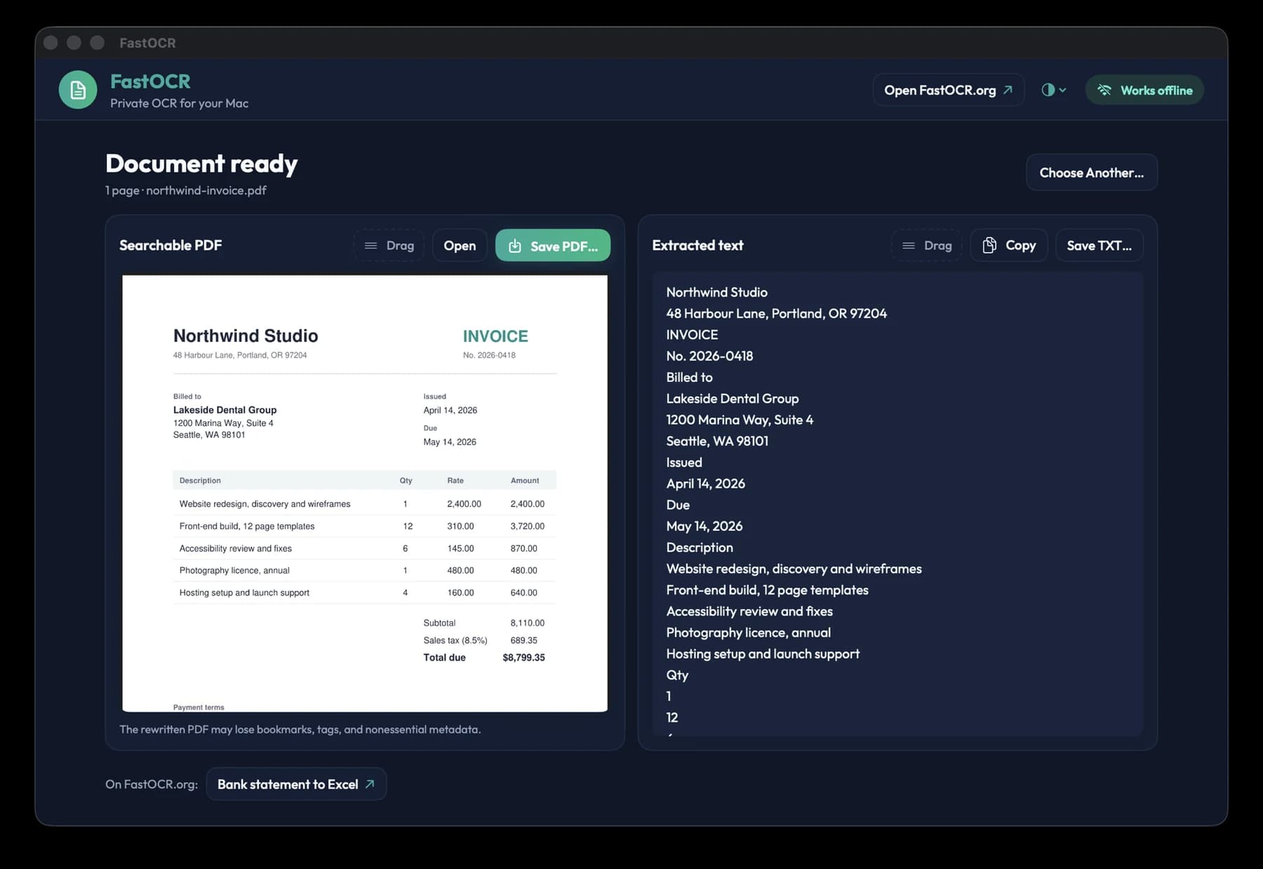 The FastOCR for Mac result screen, Document ready, for a scanned invoice: a Searchable PDF card with Save PDF and an Extracted text card with Copy and Save TXT.