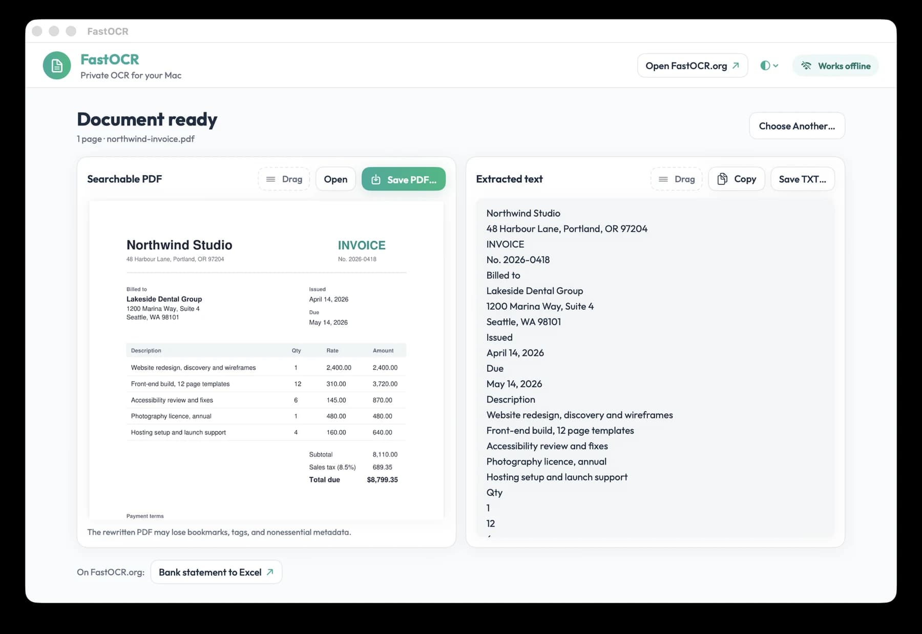 The FastOCR for Mac result screen, Document ready, for a scanned invoice: a Searchable PDF card with Save PDF and an Extracted text card with Copy and Save TXT.