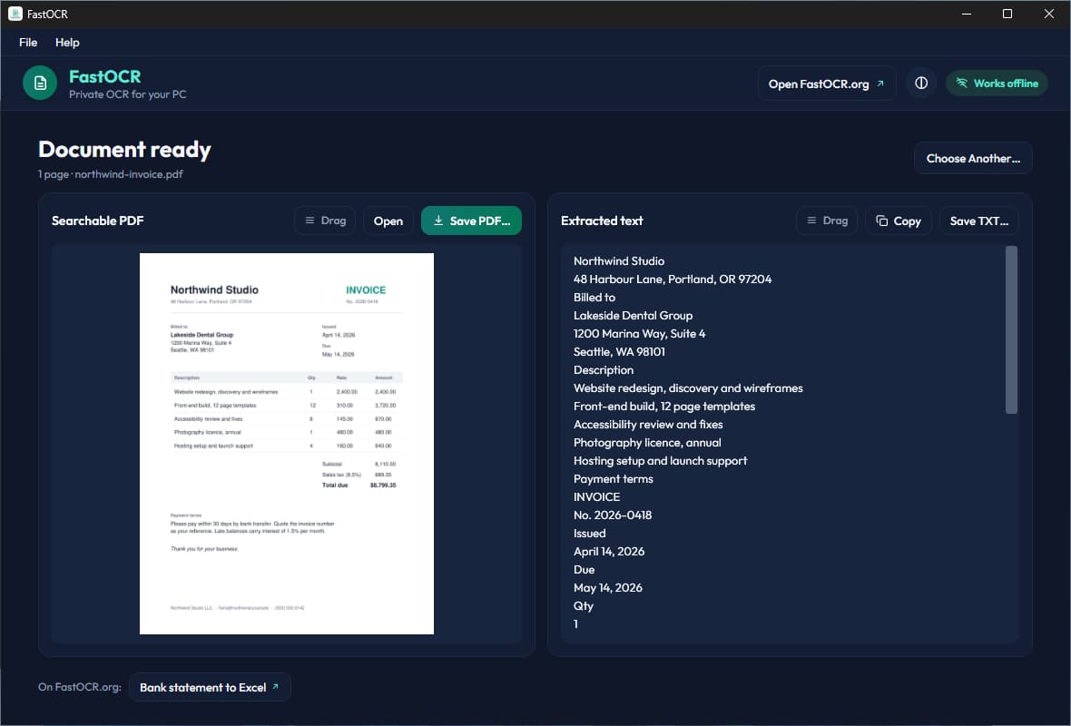 The FastOCR for Windows result screen, Document ready, for a scanned invoice: a Searchable PDF card and an Extracted text card.