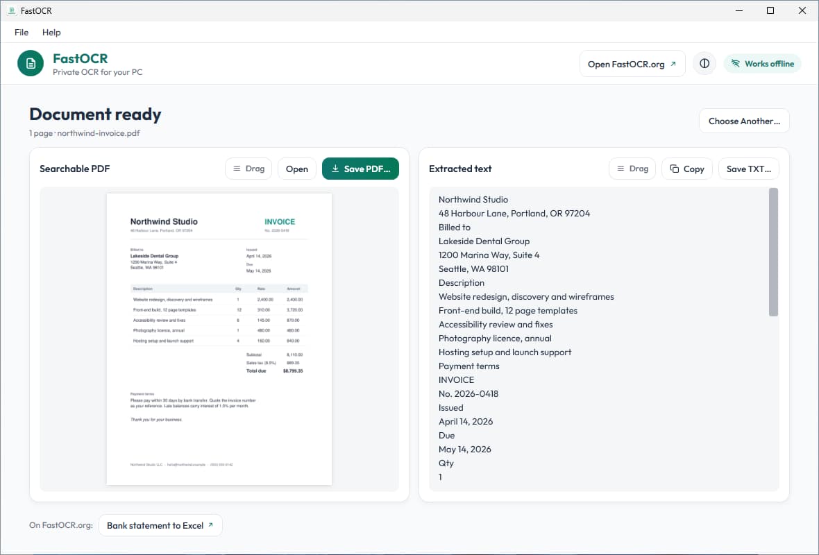 The FastOCR for Windows result screen, Document ready, for a scanned invoice: a Searchable PDF card and an Extracted text card.